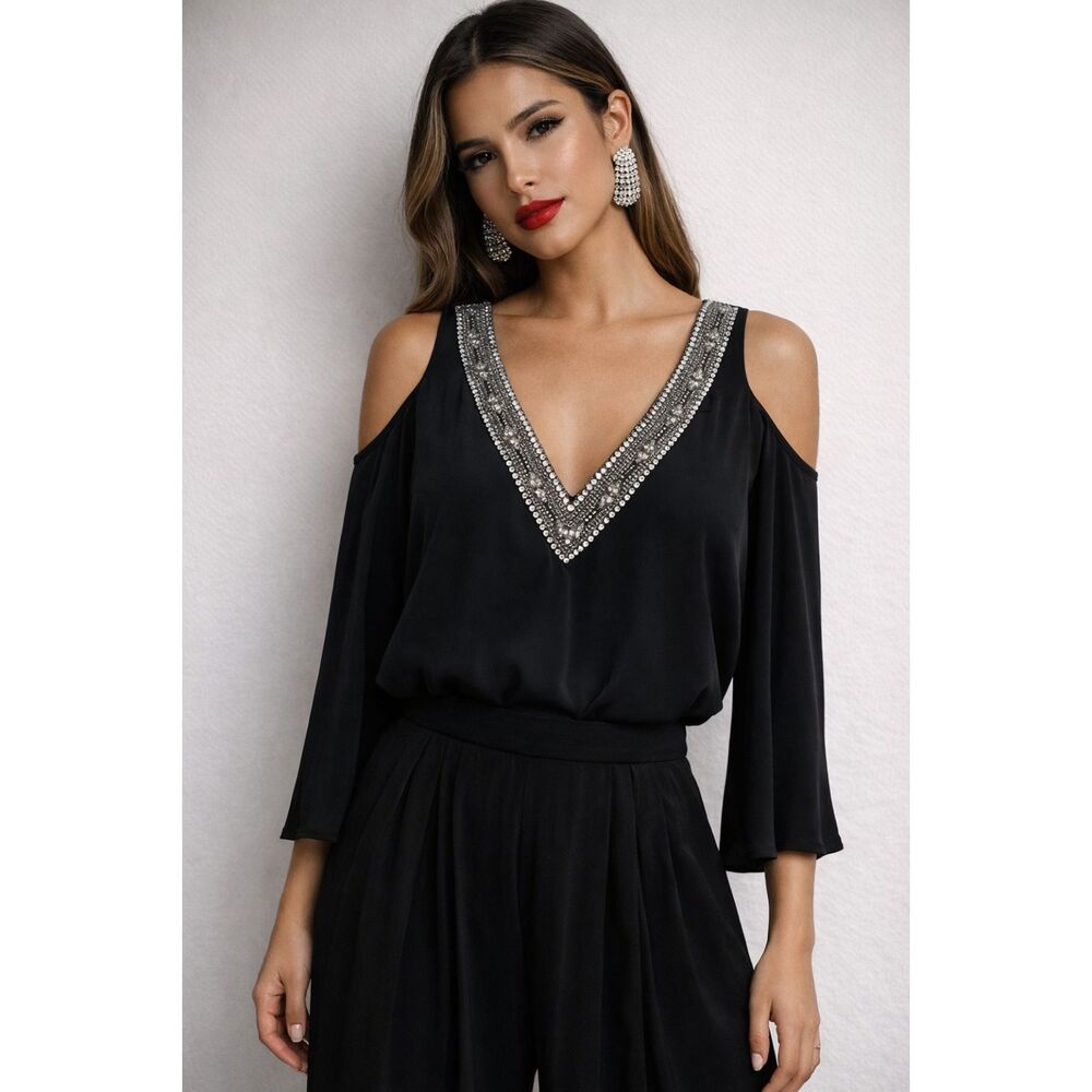 ASTR Jeweled Neckline Cold Shoulder Black Blouse XS